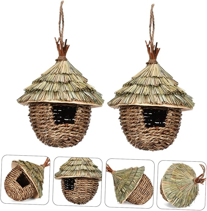 LIOOBO 2pcs Straw Bird's Nest Handwoven Bird Woven Bird House Hanging Bird Delicate Parrot Nest Hanging Parrot Nest Parrot Accessory Rough Bird Nest Parakeet Nest Parrot House Grass