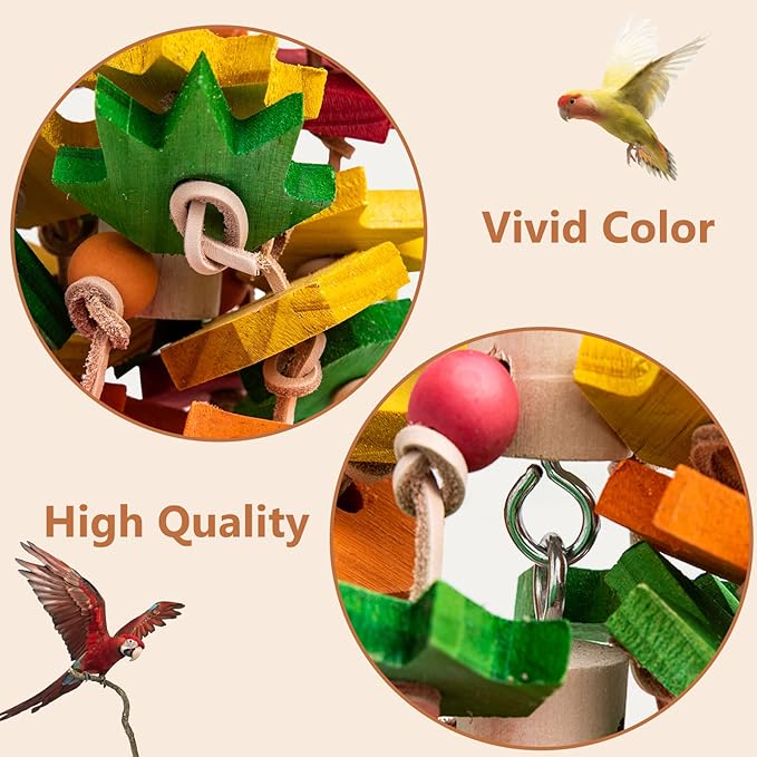 MQ Parrot Chewing Toy for Large and Small Parrots and Birds, Natural Wood Block Tearing Toy with Multicolored Maple Leaf Design, Beak Trimming Toy for African Grey Cockatoos and Amazon Parrots.