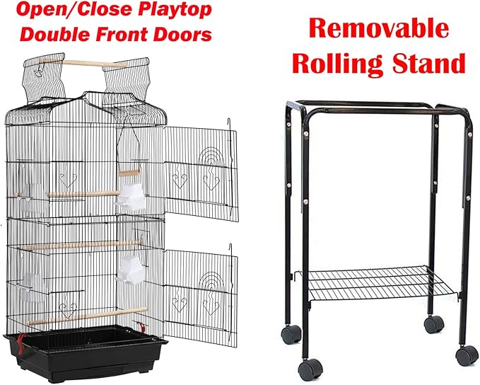 63-Inch Large Flight Bird Parrot Cage Side Nesting Box Doors Cockatiel Quaker Parrot Sun Parakeet Green Cheek Conures Finch Budgie Lovebird Parrotlet Canary Finch Pet with Removable Rolling Stand