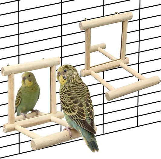 2Pcs Bird Mirror Parakeet Mirror Perch Stand Wooden Swing Mirror Toy Cage Accessories for Parrots Budgies Parakeets Cockatiels Lovebirds Finches