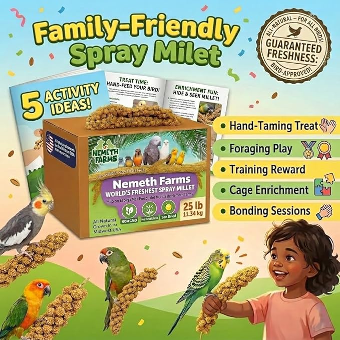 Nemeth Farms Spray Millet for Birds - Natural Non-GMO Millet Treat for Parakeets, Cockatiels & Parrots - 25 lb