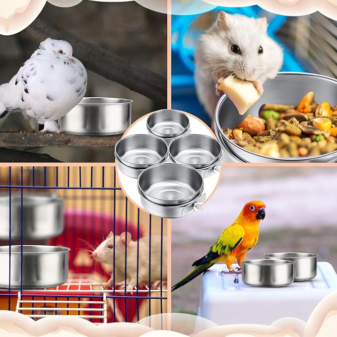 Aoriher 4 Pack Large Bird Feeding Dish Cups 30 oz Stainless Steel Parrot Feeders Food Water Cage Bowls with Clamp Holder for Cockatiel Conure Budgies Parakeet Macaw Small Dog Cat Animal