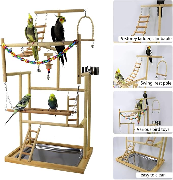 Bird Playground Parrot Playstand Natural Wood Bird Perches Stand, Bird Play Gym Playpen for Parakeet Cockatiel Bird Toys, Bird Cage Accessories, with Removable Tray and 4 Stainless Steel Cups