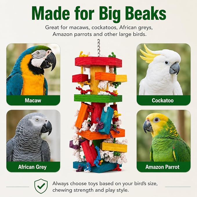 35" Extra Large Parrot Toys - Chewable Foraging Toys for Macaws, African Grey, Amazon Parrots - Durable Bird Cage Accessories Gift