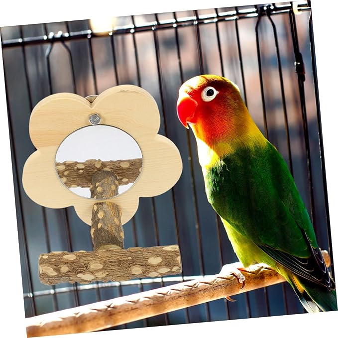 Mipcase 2pcs Wooden Parrot Perch with Mirror Decorative Bird Stand for Parrots Pets and Bird Cages for Training and Playtime Activities