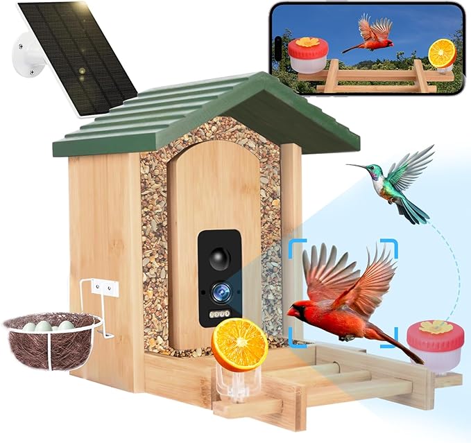 Smart Bird Feeder with Camera Solar Powered, 4K UHD Video Live Stream 8MP Photos, AI Bird Species Identification, Instant Arrival Alerts, Weatherproof Bamboo Design, Best Gift for Bird Lovers