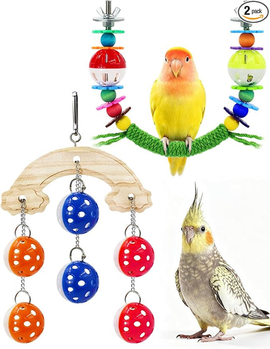 2Pcs Bird Toys with Bells Sounds for Beak Grinding, Sisal-Wrapped U Shaped Bird Perches for Cage, Budgie Toys Ball for Boredom, Interactive Lovebird Parakeet Toys Bell Accessories Chewing for Parrots