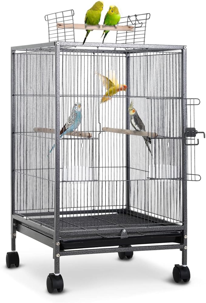 Bird Cage 35 Inch Wrought Iron Birdcages Play Top Flight King Bird Cage for Parakeets Cockatiels Parrot Green Cheek Conures Pigeons Lovebird with Rolling Stand