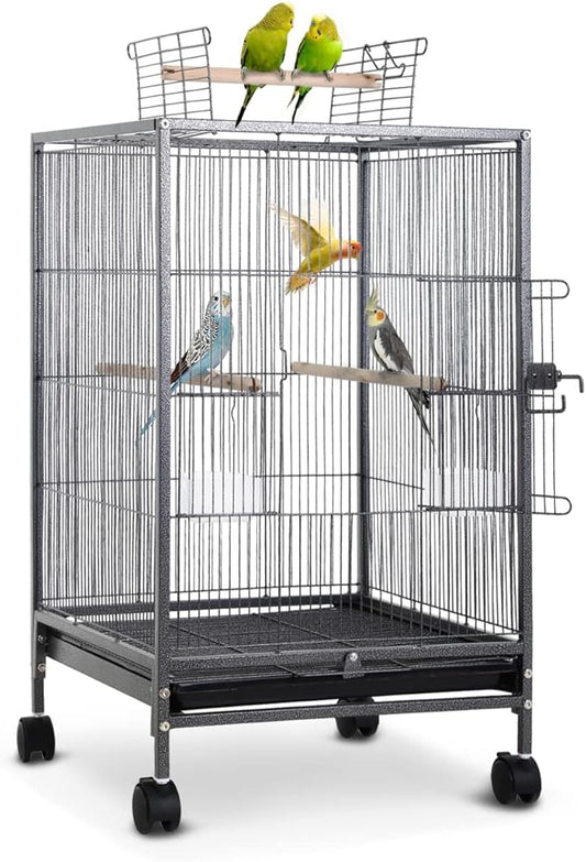 Bird Cage 35 Inch Wrought Iron Birdcages Play Top Flight King Bird Cage for Parakeets Cockatiels Parrot Green Cheek Conures Pigeons Lovebird with Rolling Stand