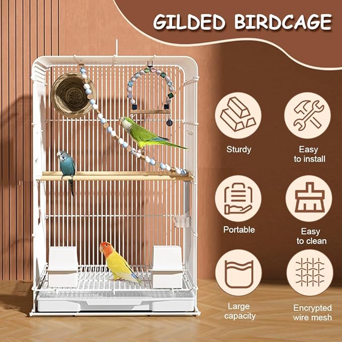 Upgraded Encrypted 23.6-Inch Bird Cage with Top Handle, Metal Parakeet Cage with Removable Slide-Out Tray, Lightweight Travel Bird Cage for Small Medium Birds Home Use