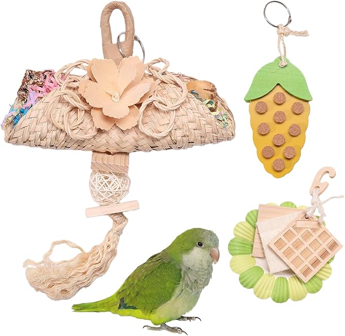 Parrot Chew Toys Set - Natural Wood & Loofah Toys with Plant-Based Dyes, 3 Pack Bird Chew Toys for Cockatiels, Conures & Small Parrots for Cage Enrichment (3 Pieces of Green Series)