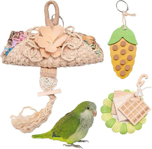 Parrot Chew Toys Set - Natural Wood & Loofah Toys with Plant-Based Dyes, 3 Pack Bird Chew Toys for Cockatiels, Conures & Small Parrots for Cage Enrichment (3 Pieces of Green Series)