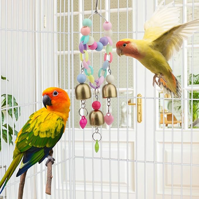 Hypeety Bird Bells Toy Hanging Cage Bell with Sweet Sound Colorful Wood Beads Bells for Lovebirds African Greys Cockatoo Macaw Parakeet Cage Hanging Perch Toy (Bell Toy-3 Bells)