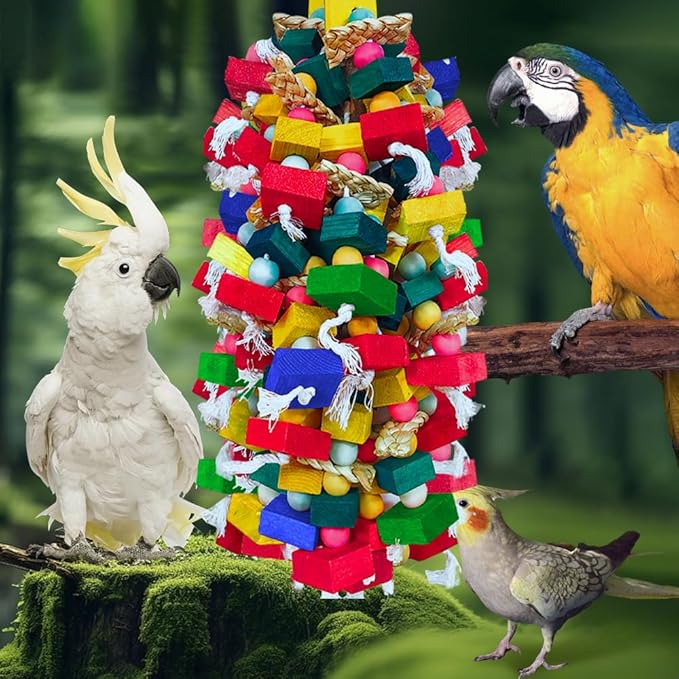Extra Large Bird Toys for Macaws Cockatoos Amazons Chew - Natural Wood Parrot Chewing Toy with Foraging, Bird Cage Activity Center