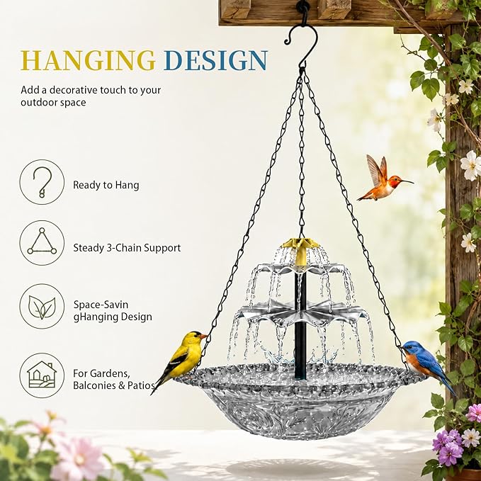 Solar Cascade Hanging Bird Bath Fountain, Large Plastic Bowl with Hanging Chain for Outside Garden Patio and Yard Decor (Gray)