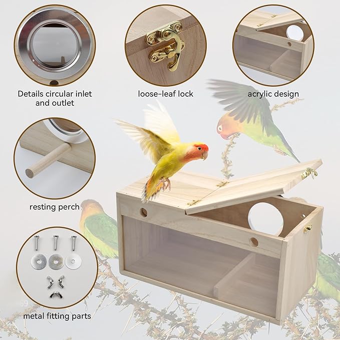 Natural Wood Bird Nesting Box,Acrylic Parakeet Nesting Box Transparent Cockatiel Nest House with Perch Wooden Parrot Nest for Lovebird Budgie Conure Canary Finch(Medium)