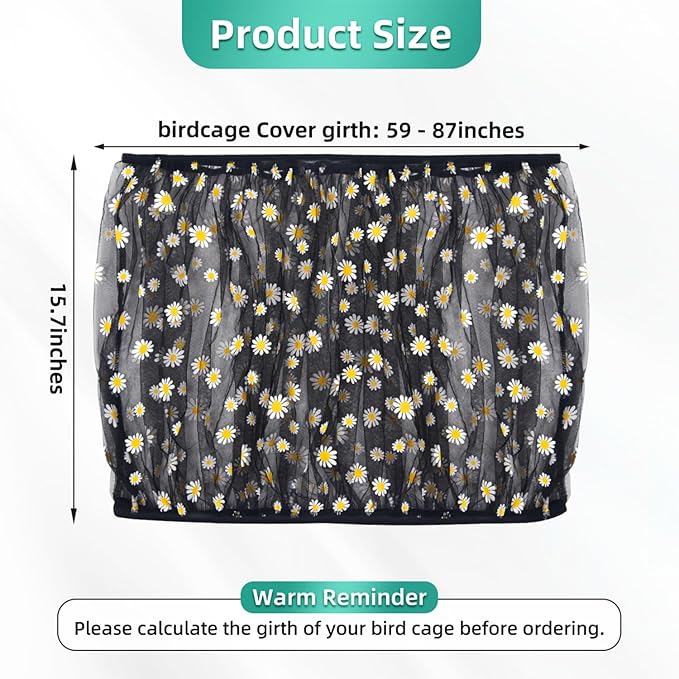 Bird Cage Seed Catcher, Seed Catcher Guard Net Cover, Parrot Nylon Mesh Net Cover, Universal Soft Airy Cage Net Stretchy Skirt for Round Square Cages (Daisy-Black, 15.7" x87")