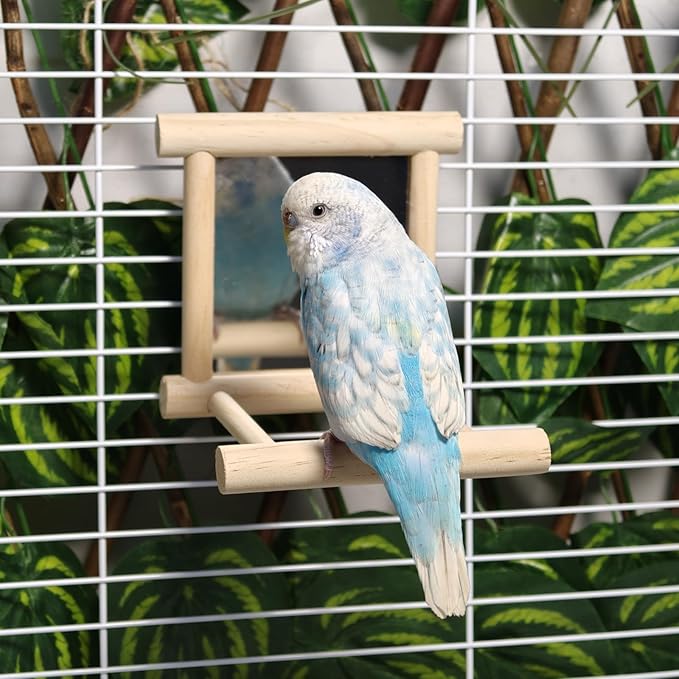Hamiledyi Bird Mirror Parakeet Mirror Perch Stand Wooden Swing Mirror Toy Cage Accessories for Parrots Budgies Parakeets Cockatiels Lovebirds Finches