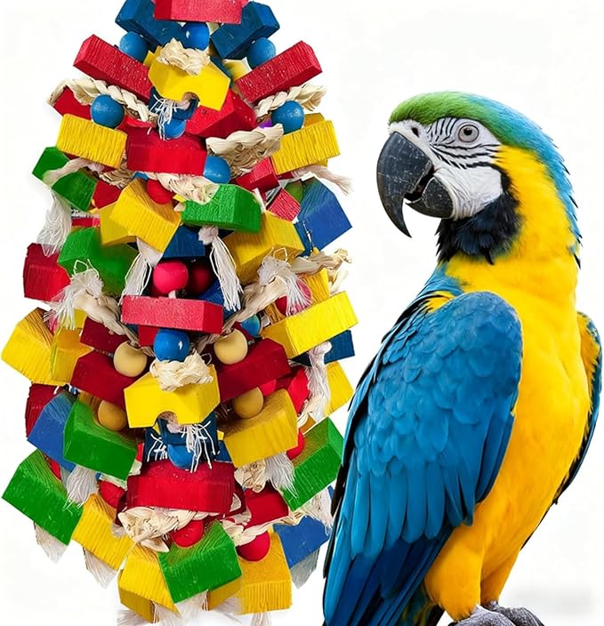 Parrot Toys for Large Birds, Multicolored Wooden Blocks Bird Chewing Toy Parrot Cage Bite Toy for Macaws Cokatoos African Grey and Large Medium Parrot Birds (Block)
