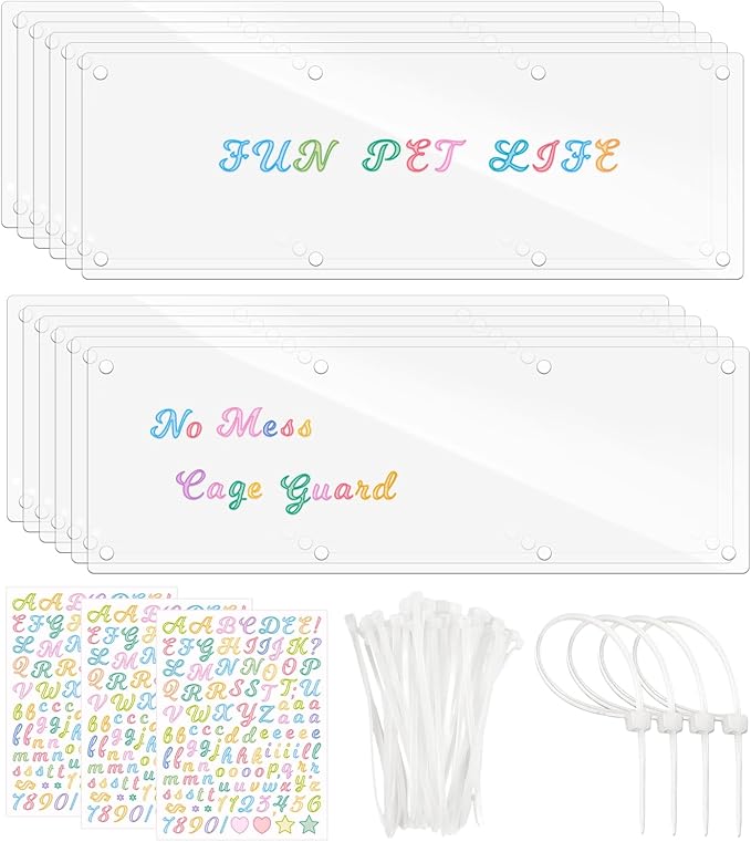 12 Pcs Cage Guard 13.8"x4.7" with Zip Ties & Personalized Letter Stickers, Scatter Guard Clear Cage Liner Flexible Side Lining for Rabbit Guinea Pig C&C Metal Wire Playpen