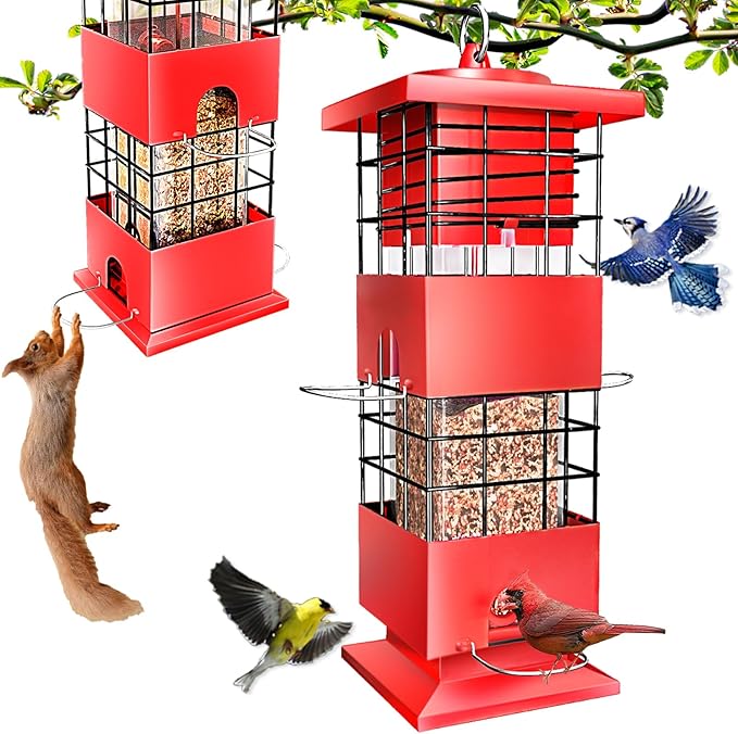 Bird Feeders Squirrel Proof for Outdoors, 3LBS Metal Hanging Bird Feeders, Weight-Activated Perches Anti-Squirrel Birdfeeder for Blue Jay, Cardinal, Outside (Red)
