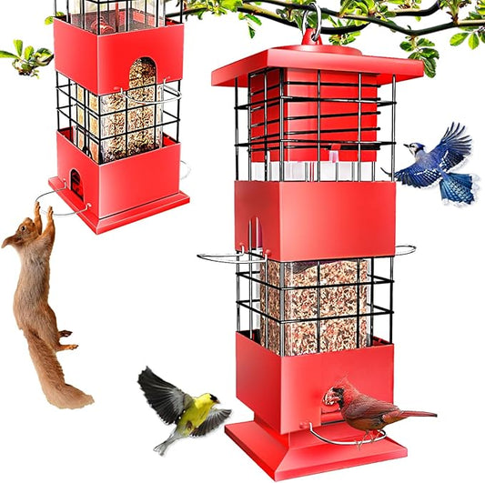Bird Feeders Squirrel Proof for Outdoors, 3LBS Metal Hanging Bird Feeders, Weight-Activated Perches Anti-Squirrel Birdfeeder for Blue Jay, Cardinal, Outside (Red)