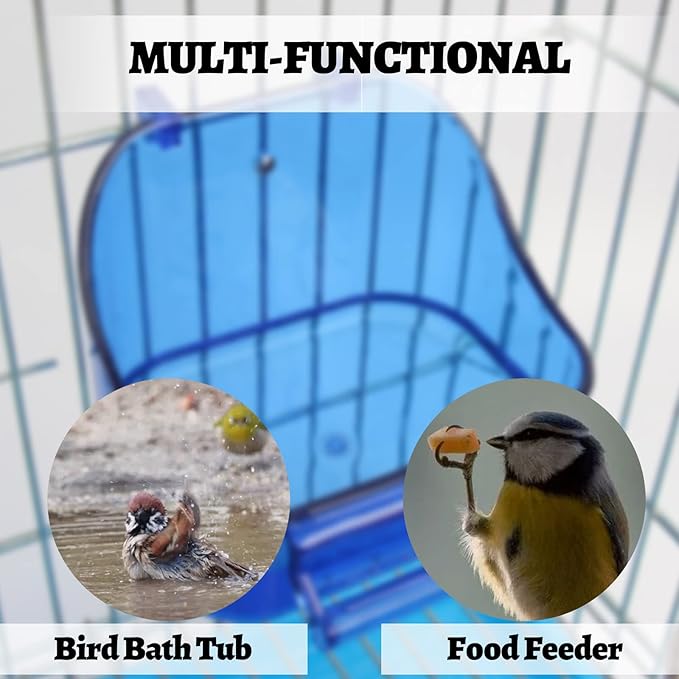 Bird Bath for Cage- Multi-Functional Bird Bath Tub Hanging Parrot Bathtub Shower Box Food Feeder Cage Accessory for Small Birds Canary Budgies Parrots Cockatiel Lovebird Hamster (Blue)