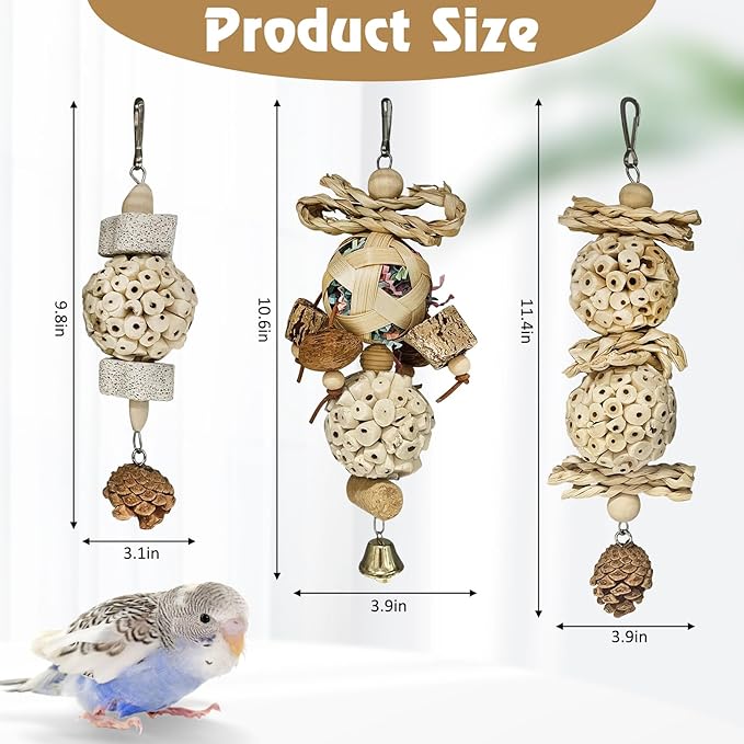 BNOSDM Hanging Bird Toy Sola Balls 3PCS Parrot Shredder Balls Natural Parakeet Foraging Toy Wood Bird Cage Chew Toys for Cockatiel, Budgie, Sun Conure, Quakers, Lovebirds (A)
