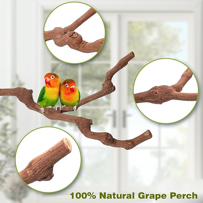 3PCS Bird Perch Natural Grape Stick Chewable Bird Stand Paw Grinding Branches Toy Cage Accessories for Small Budgies Cockatiels Lovebirds