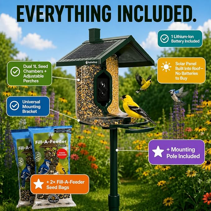 FeatherSnap Smart Bird Feeder with Camera – Solar Powered, AI Bird ID, 1080p HD Night Vision – Pole, 2 Seed Bags, 32GB SD Card & Cleaning Cloth