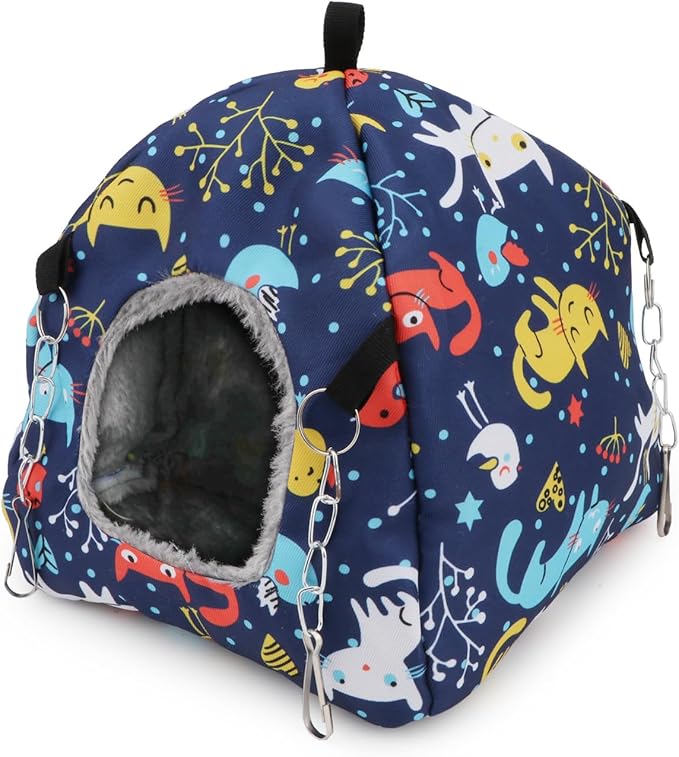 Wontee Bird Plush Hammock Parrot Hanging Snuggle Cave Happy Hut Tent for Parakeet Cockatiel Conure Lovebird Budgie Hamster Gerbil Rat Chinchilla Squirrel Cage (M, Blue Cat)