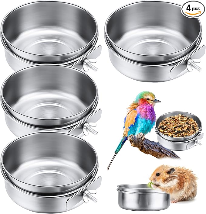 Aoriher 4 Pack Large Bird Feeding Dish Cups 30 oz Stainless Steel Parrot Feeders Food Water Cage Bowls with Clamp Holder for Cockatiel Conure Budgies Parakeet Macaw Small Dog Cat Animal