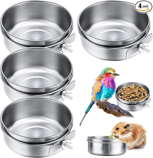 Aoriher 4 Pack Large Bird Feeding Dish Cups 30 oz Stainless Steel Parrot Feeders Food Water Cage Bowls with Clamp Holder for Cockatiel Conure Budgies Parakeet Macaw Small Dog Cat Animal