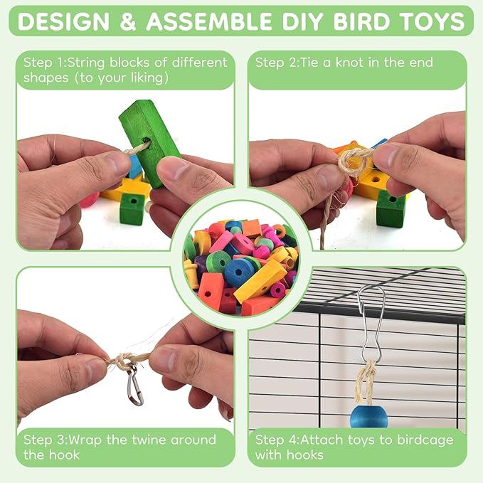 DBNESS Large Bird Toys for Parrots, 165 PCS Colorful Chew Toy Multi-Shaped DIY Wooden Blocks Craft Birds Cage Training Toy Macaw Cockatoo African Grey Medium Large Parrot