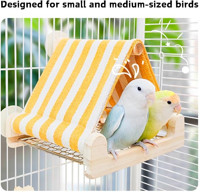 Bird Tent Wooden House with Stainless Steel Bottom Bird Nest for Parakeet Parrot Hideaway Cave Snuggle Hut Cage Accessories for Budgie,Conure,Lovebird,Cockatiel (Yellow)