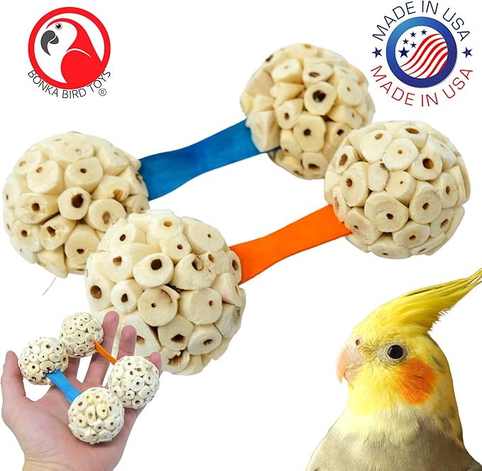 Bonka Bird Toys 2965 PK2 Natural Sola Dumbbell 4" x 1.5" Natural Wood and Sola Ball Toy for Small to Medium Birds for Chewing and Enrichment Conure Parakeet Amazon and Similar