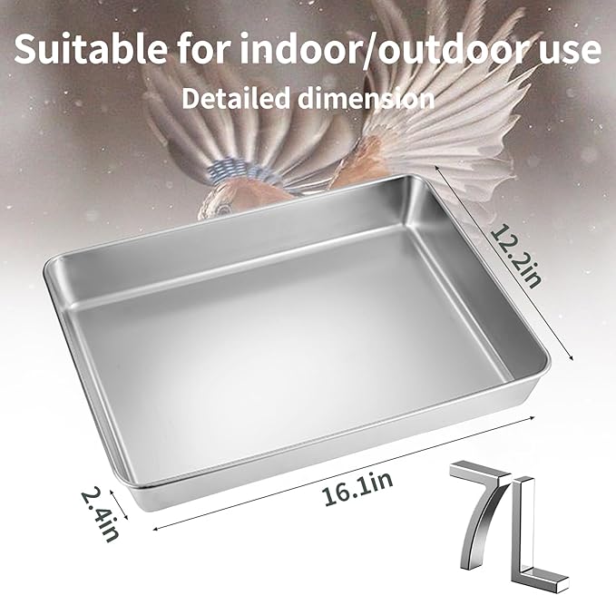 kathson Stainless Steel Bird Bath 16.14"×12.2"×2.36" Metal Bird Bath Tray Pet Bird Cleaning Accessories Bird Bathtub Bird Bath Tray Pet Shower Tub Pigeon Bathtub Bird Cage Bathtub Tray