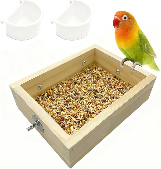 Bird Feeder for Cage, Wooden Food Dish for Small to Medium Birds Parrot, Hanging Plastic Food Water Bowls for Conure, Parakeet, Budgies, Cockatiel, Lovebird