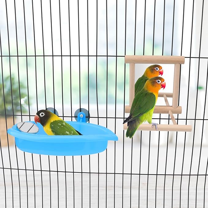 Wontee Bird Bath Parrot Bathing Tub Bird Mirror with Perch Toys for Budgies Parakeets Cockatiels Lovebirds Finches Canaries (Blue (B))