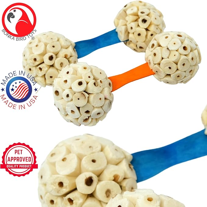 Bonka Bird Toys 2965 PK2 Natural Sola Dumbbell 4" x 1.5" Natural Wood and Sola Ball Toy for Small to Medium Birds for Chewing and Enrichment Conure Parakeet Amazon and Similar