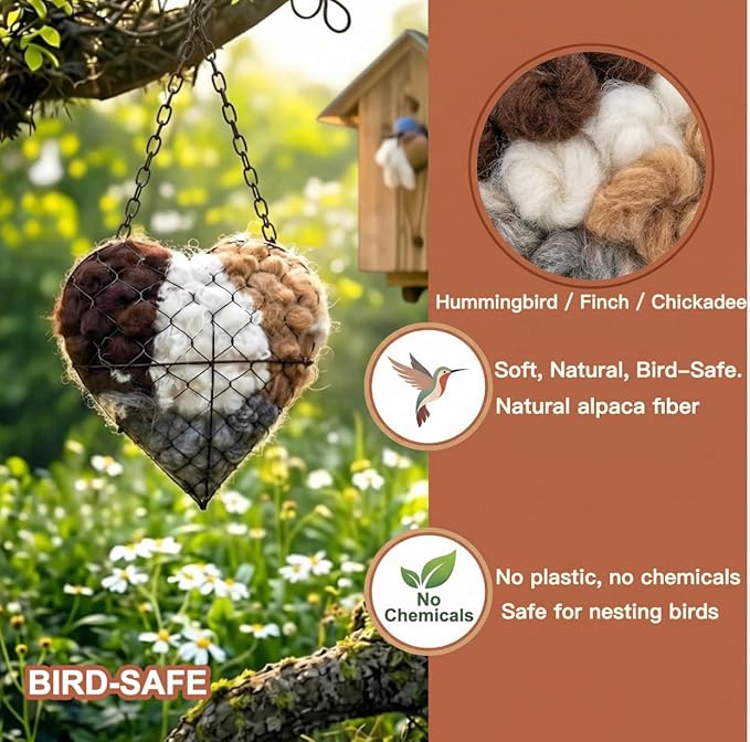 Handmade Alpaca Fiber Bird Nesting Heart – Refillable Bird Haven with 2 Nesting Material Refill Bags – Eco-Friendly Hanging Nest for Hummingbirds & Wild Birds, Garden & Yard Décor (3Set)