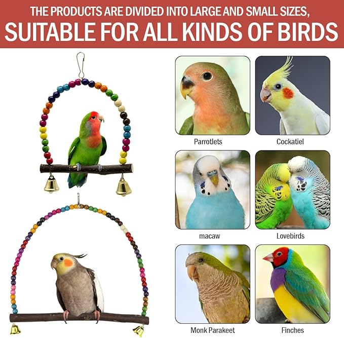 2 Pcs Wooden Bird Swing for Cockatiels Parakeets - Natural Wood Perch Hanging Toy with Colorful Beads Bell, Birdcage Climbing Accessories for Lovebirds Conures Budgies