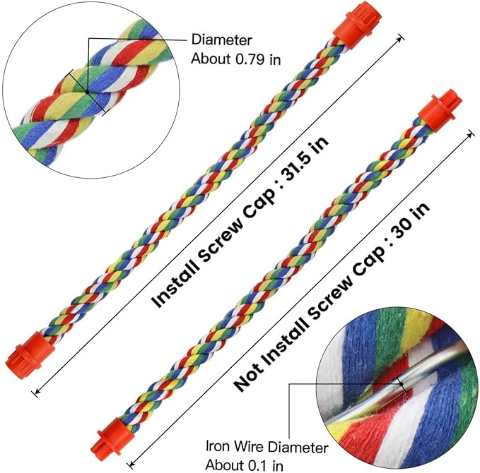 Bird Rope Perches for Parrots, Cockatiels, Parakeets, Budgie Cages Comfy Birds Colorful Rope Toy (31.5inch Plastic nut)