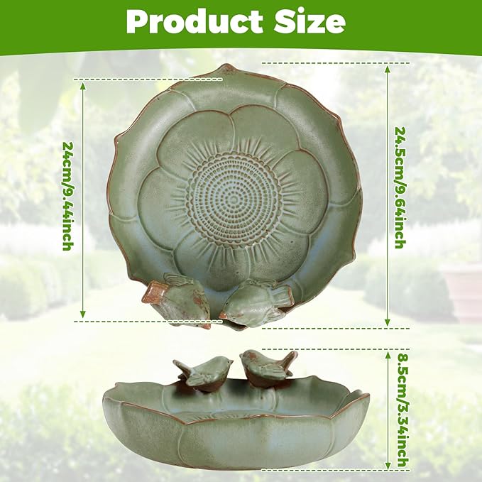 Ceramic Bird Bath for Outside, Vintage Birdbath, Bowl Only, Ground Bird Feeders and birdbath for Outdoors, Garden, Tabletop, Deck, Balcony and Lawn
