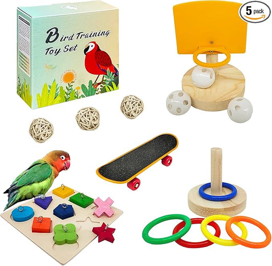Bird Toys,Parrot Training Toys for Lovebird,Five-Types Parakeet Toys Sets for Conure, Cockatiel,12 PCS Parrot Intelligence Toy,Basketball Hoop,Skateboard,Stacking Toys,Wooden Block Bird Puzzles Toy