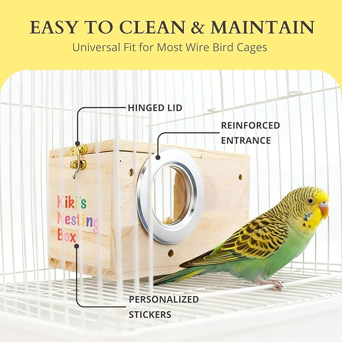Parakeet Nesting Box with DIY Letter Sticker, Acrylic Transparent Panel & Perch, Natural Wood Breeding Box for Small Birds (Parakeets, Cockatiels, Lovebirds, Budgie), Easy to Install