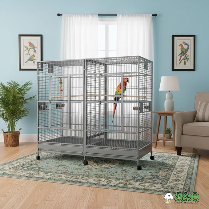 A&E Cage Co 8040FL Platinum Double Macaw Cage – 80"x40"x74" Extra Large Parrot Cage with Removable Divider, 4 Swing-Out Feeder Doors, Stainless Steel Bowls & Perches for Macaws, Cockatoos, Amazons