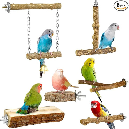 Bird Perches, 6pcs Natural Wood Birds Stand Branch, Bird Perch Chewing Stick Cage Accessories Parrot Climbing Standing Branches Paw Grinding Fork Sets for Parakeet Lovebirds Cockatiels
