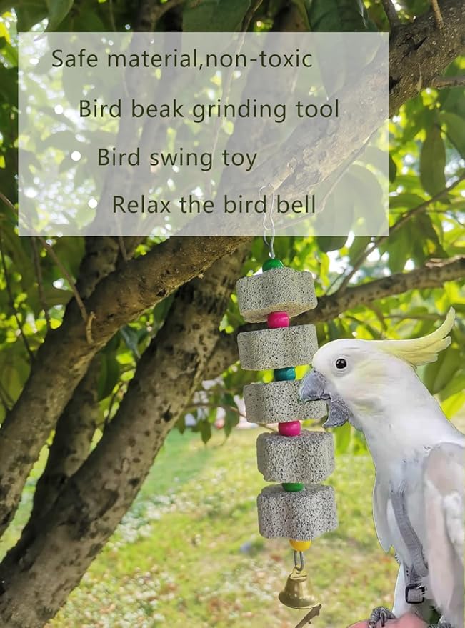 2Pcs Parrot Chewing Toy, Bird Beak Grinding Stone Toys with Bell, Lava Block Calcium Supplement Food for African Greys Amazon Conure Eclectus Budgies Parakeet Cockatiel Hamster Chinchilla