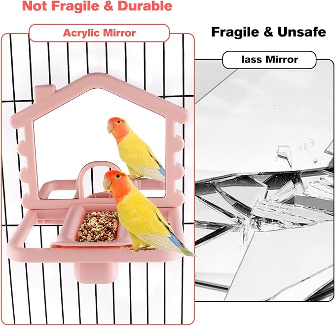 3 in 1 Bird Mirror with Perch Stand,Parrot Mirror for Cage,Bird Swing Toys for Cockatiels,Lovebirds,Conures,Parakeets-Helps Birds Release Stress (Pink)